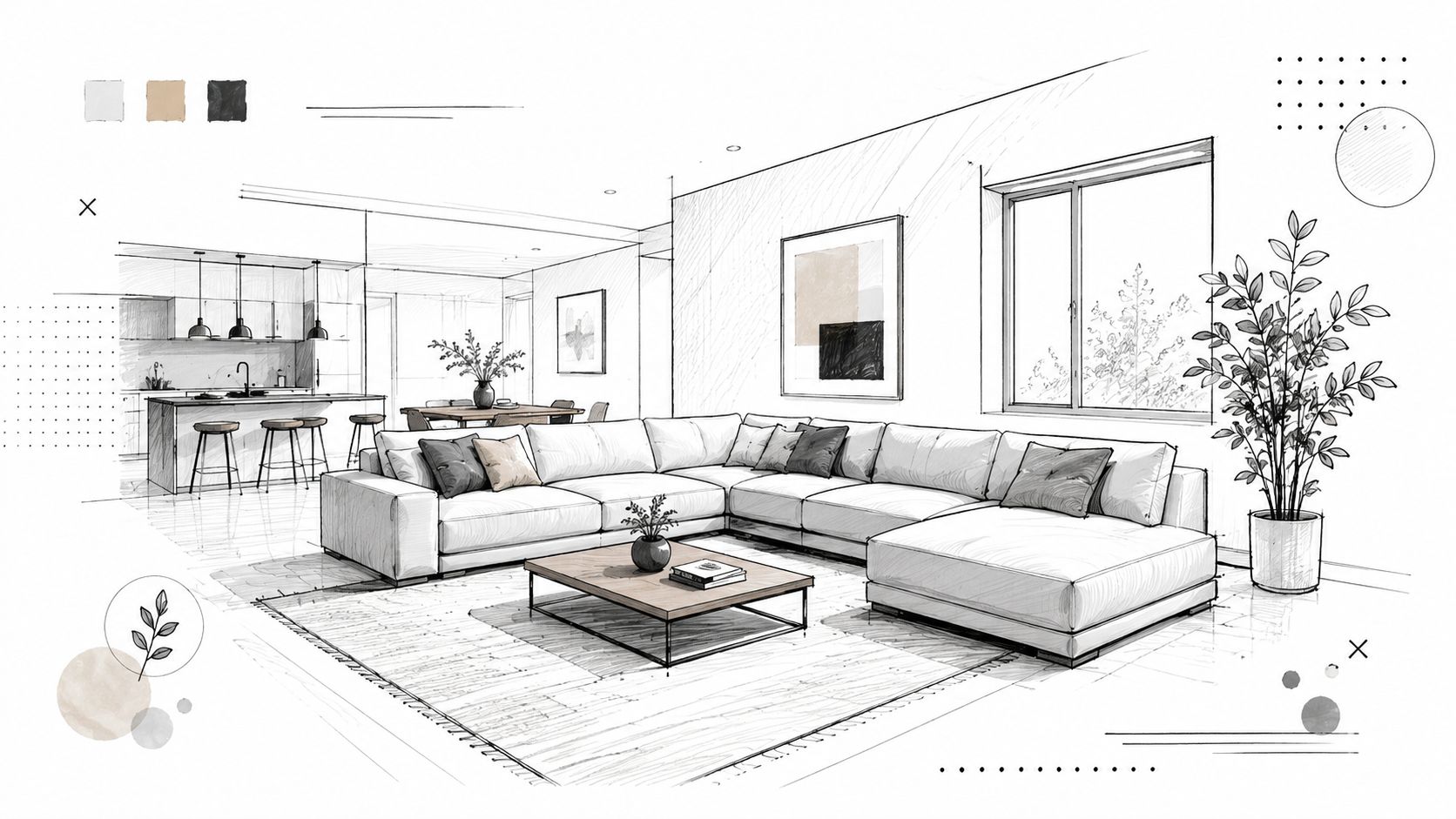 A detailed architectural sketch of a modern open-plan living room featuring a spacious sectional sofa.