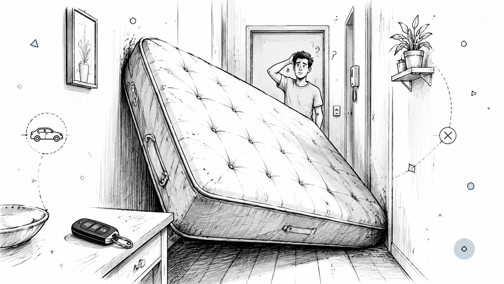 A confused man standing in a hallway blocked by a large, upright mattress near a doorway.