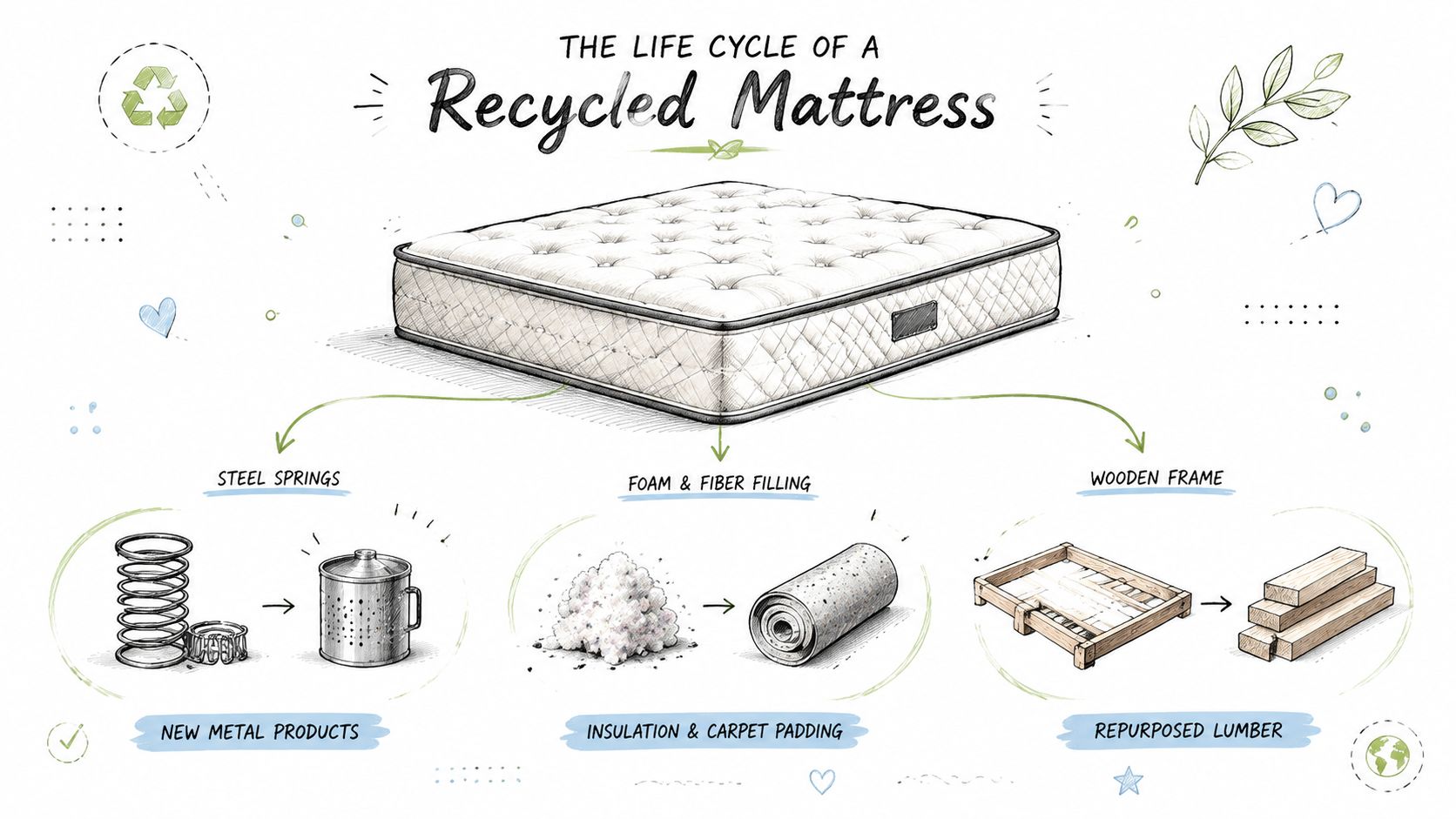 A diagram illustrating the life cycle of a recycled mattress through its various components.