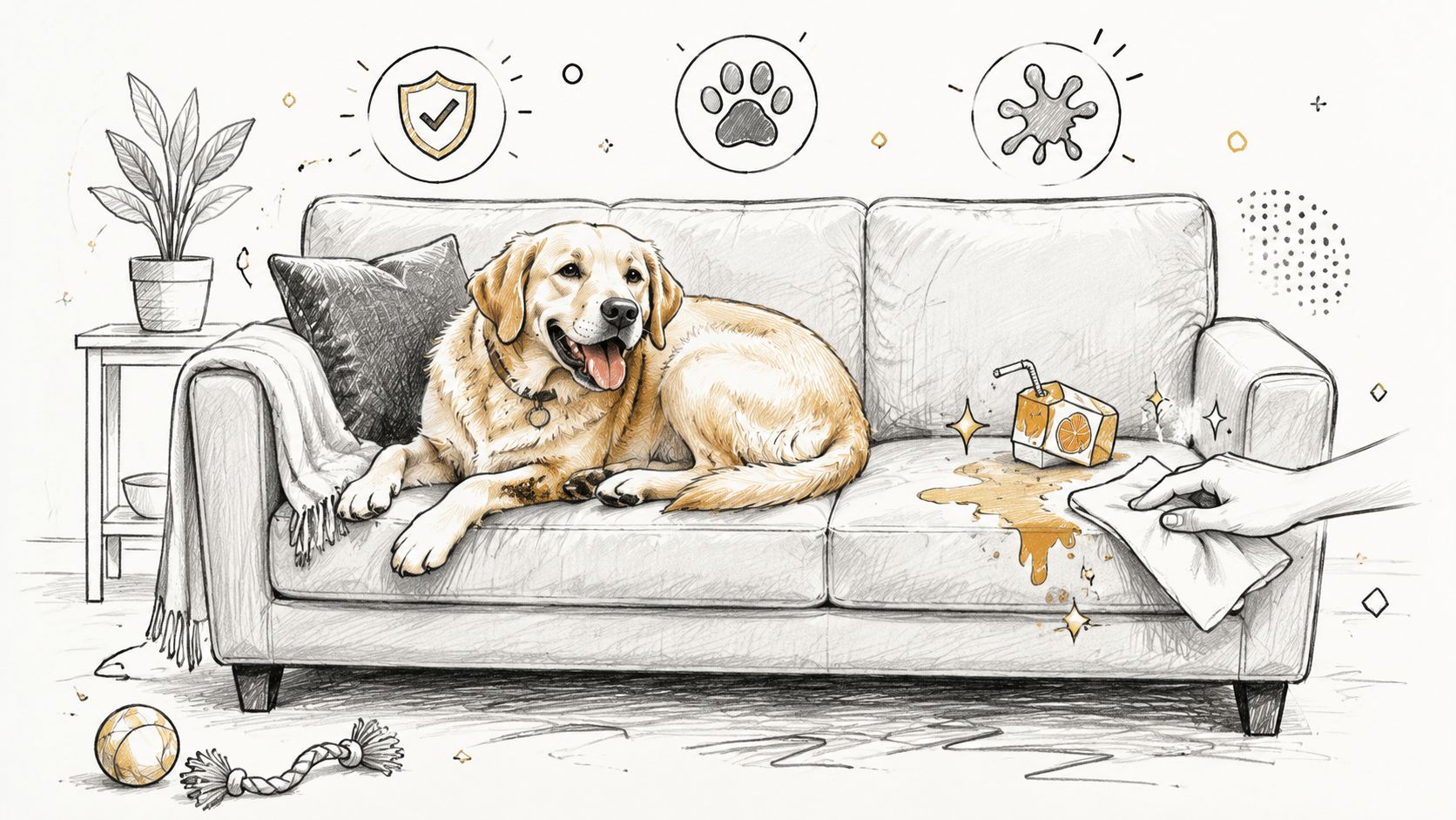 A hand cleans a juice spill on a sofa while a dog sits calmly beside it.