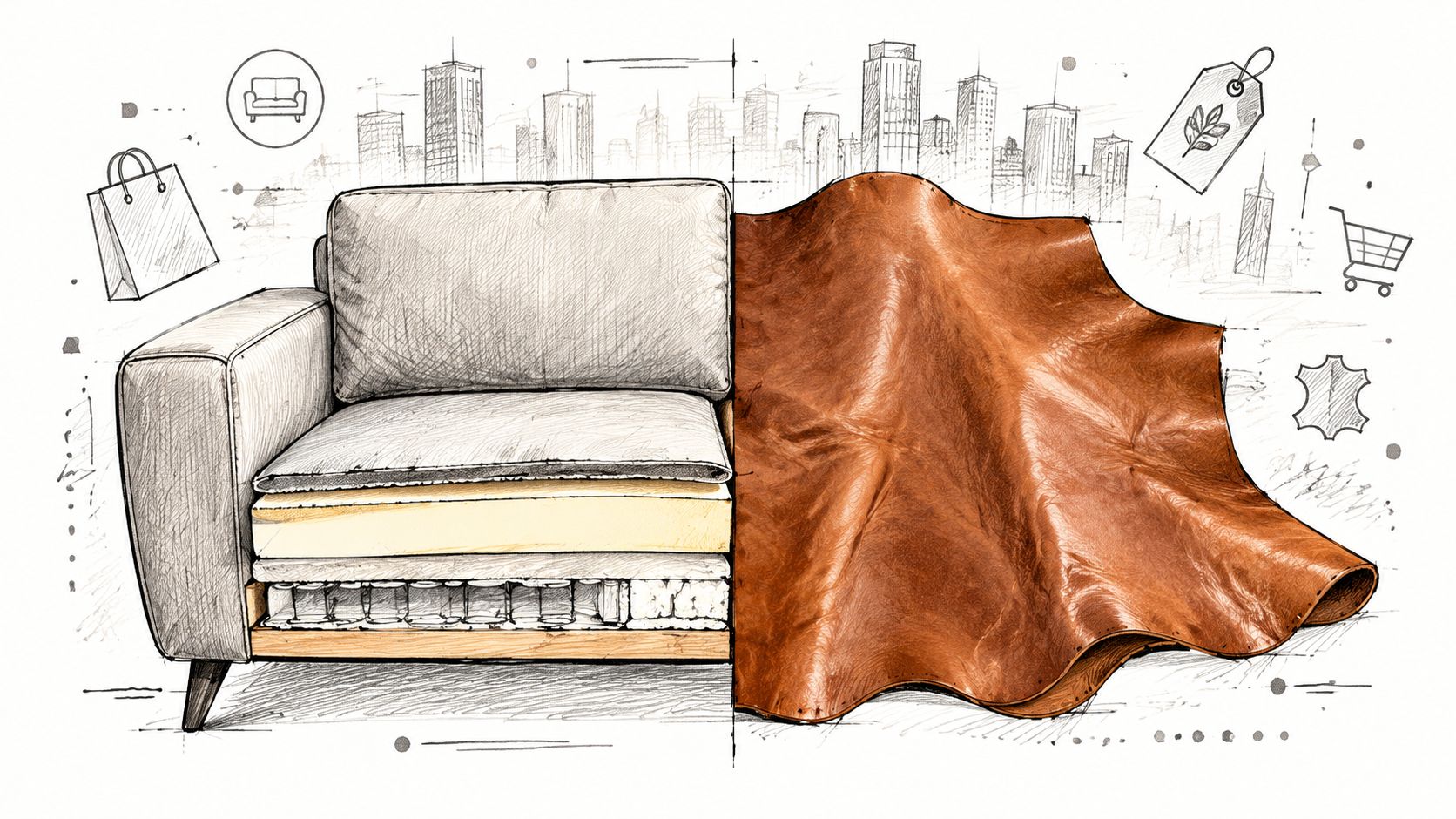 A diagram contrasting a cutaway of a modern upholstered sofa with a piece of premium brown leather.