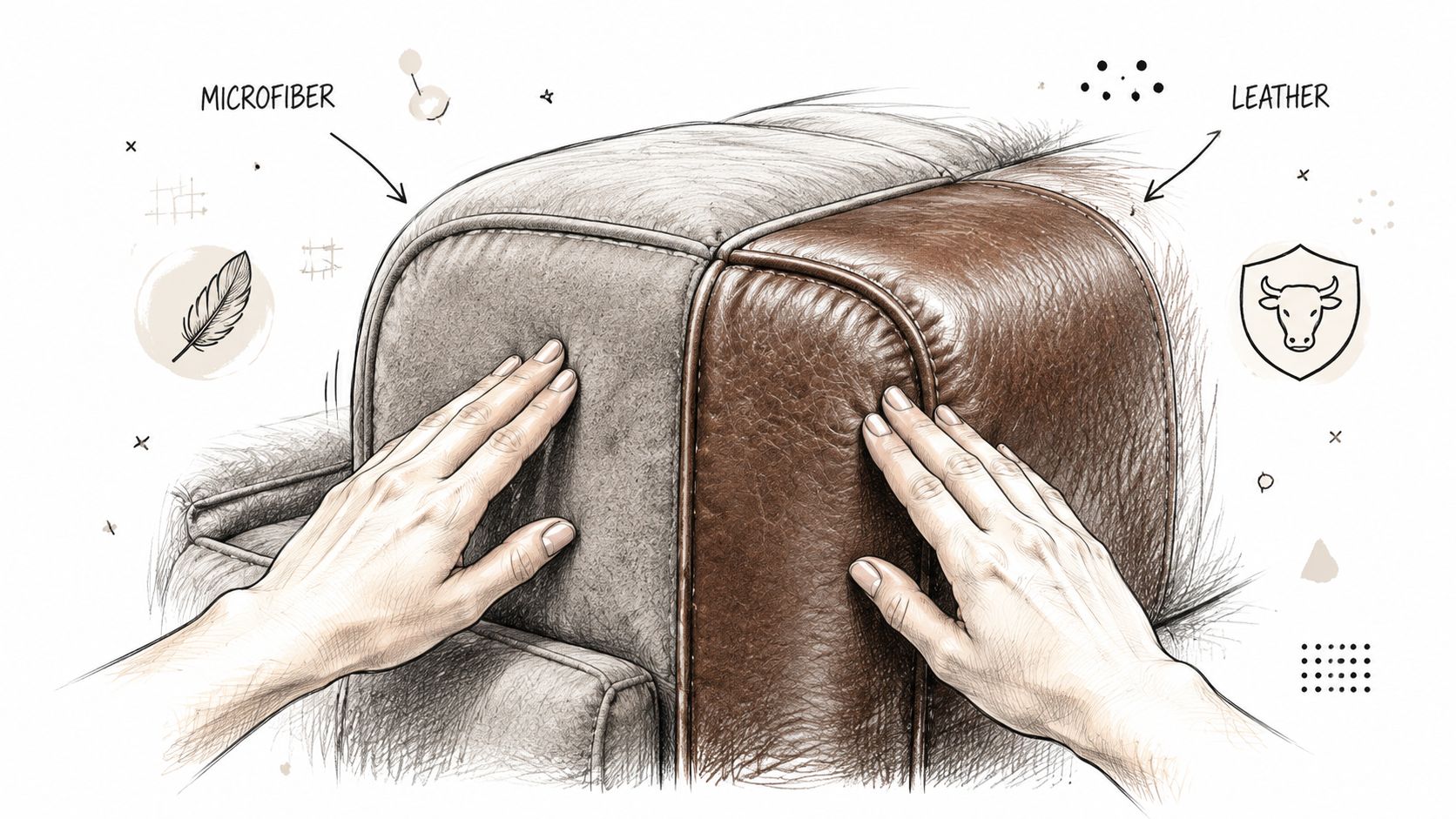 A sketched illustration comparing the textures of a microfiber sofa section and a brown leather sofa section.