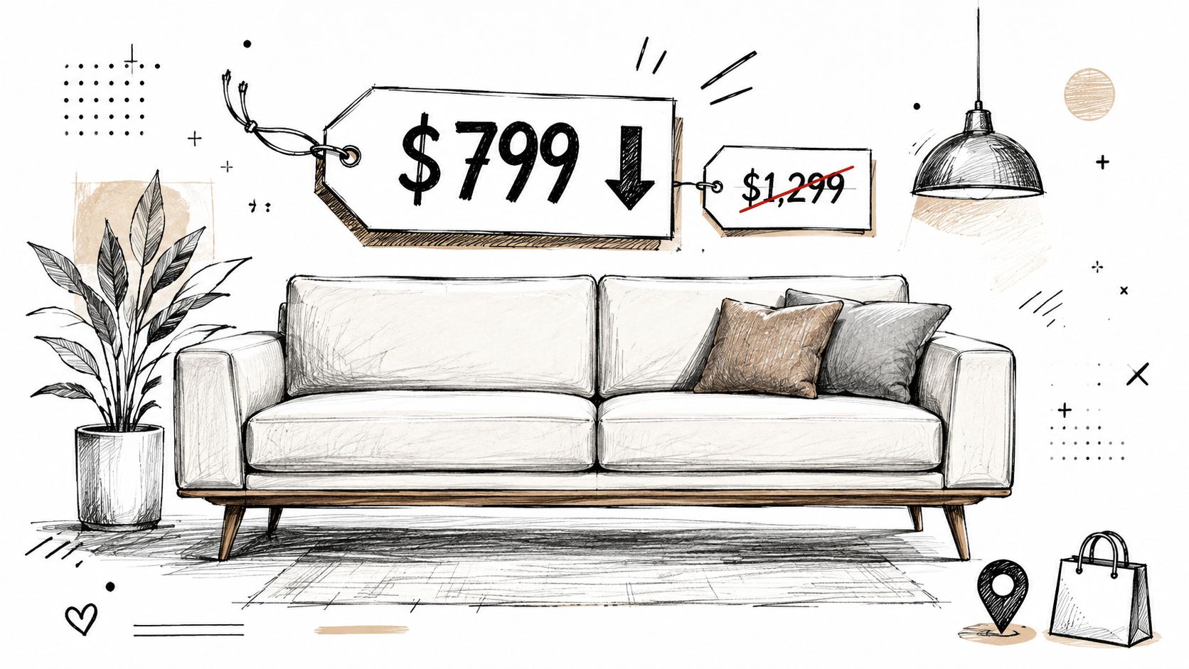 A modern sofa sketch featuring a reduced sale price of 799 dollars on a white background.