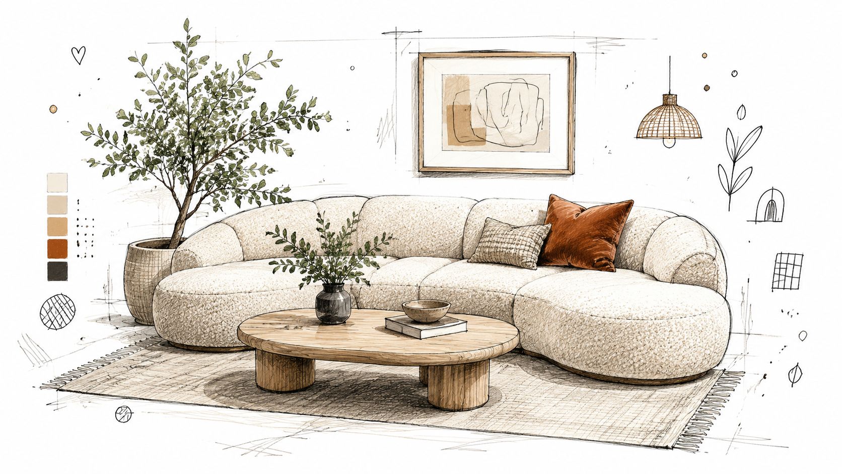 A pencil sketch style drawing of a living room featuring an organic modern curved cream sofa.