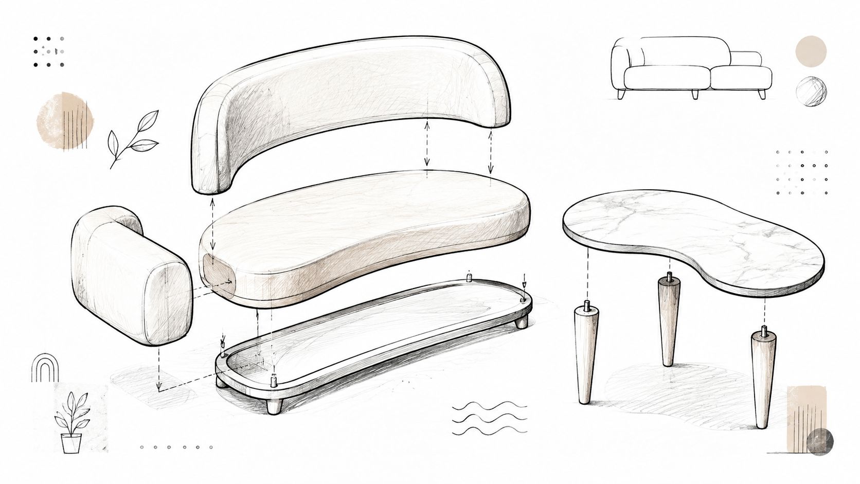 An exploded view sketch of organic modern furniture including a modular sofa and a kidney shaped table.
