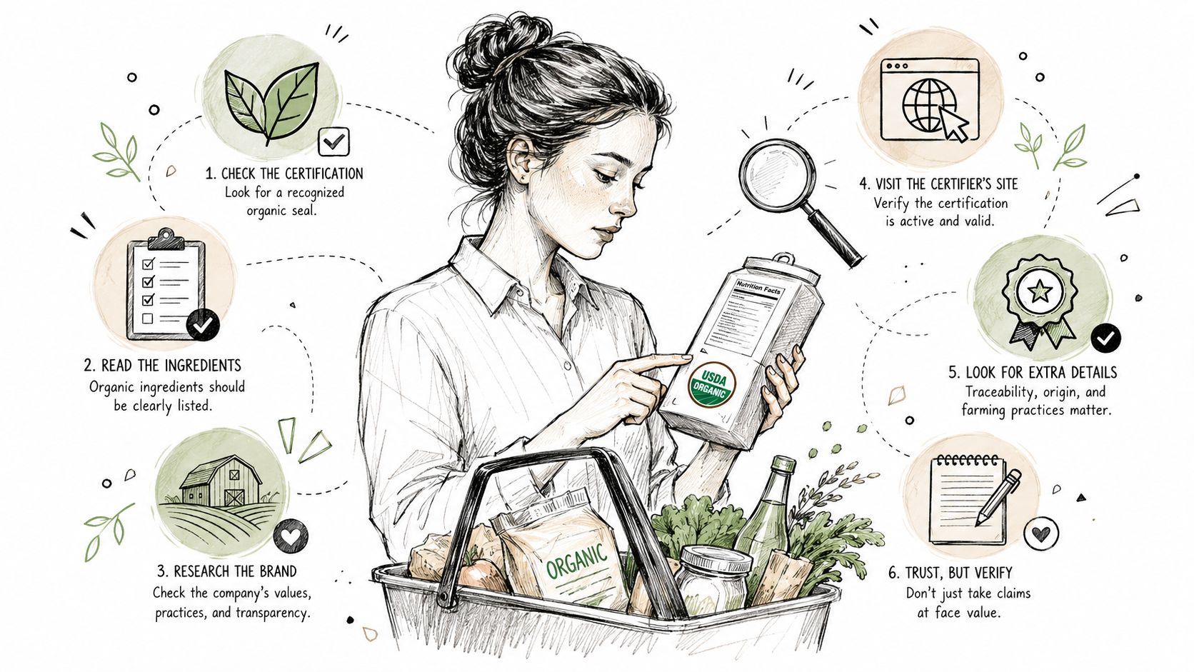 A woman examining a product label to ensure it meets organic standards in a grocery store.