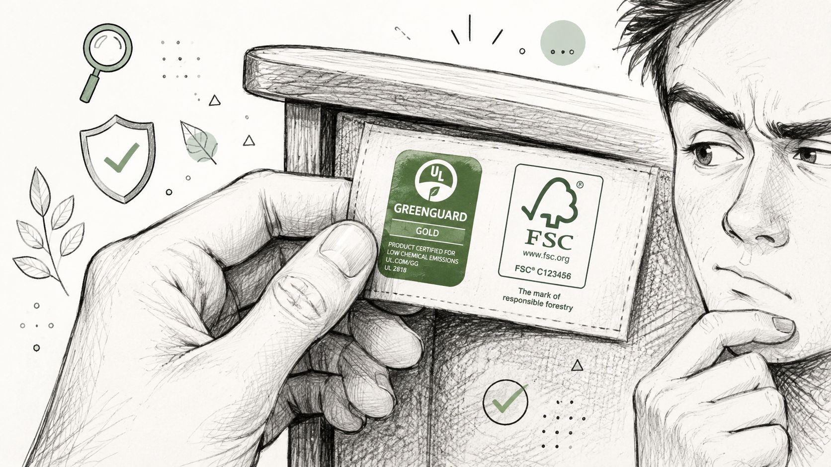 A hand examines a product label featuring GREENGUARD Gold and FSC certifications on a piece of furniture.