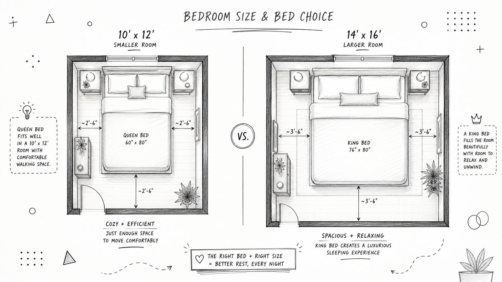 A hand-drawn comparison of bedroom layouts showing a queen bed in a 10x12 room and a king bed in a 14x16 room.