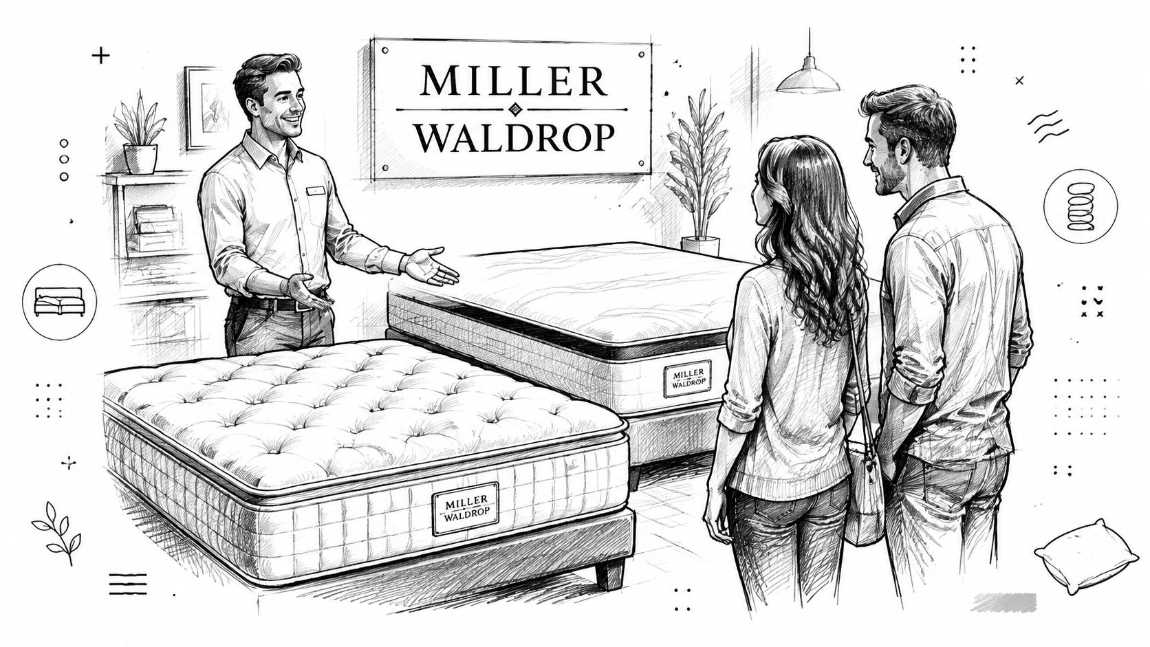 A professional salesperson showcasing Miller Waldrop brand mattresses to a couple in a retail furniture showroom.