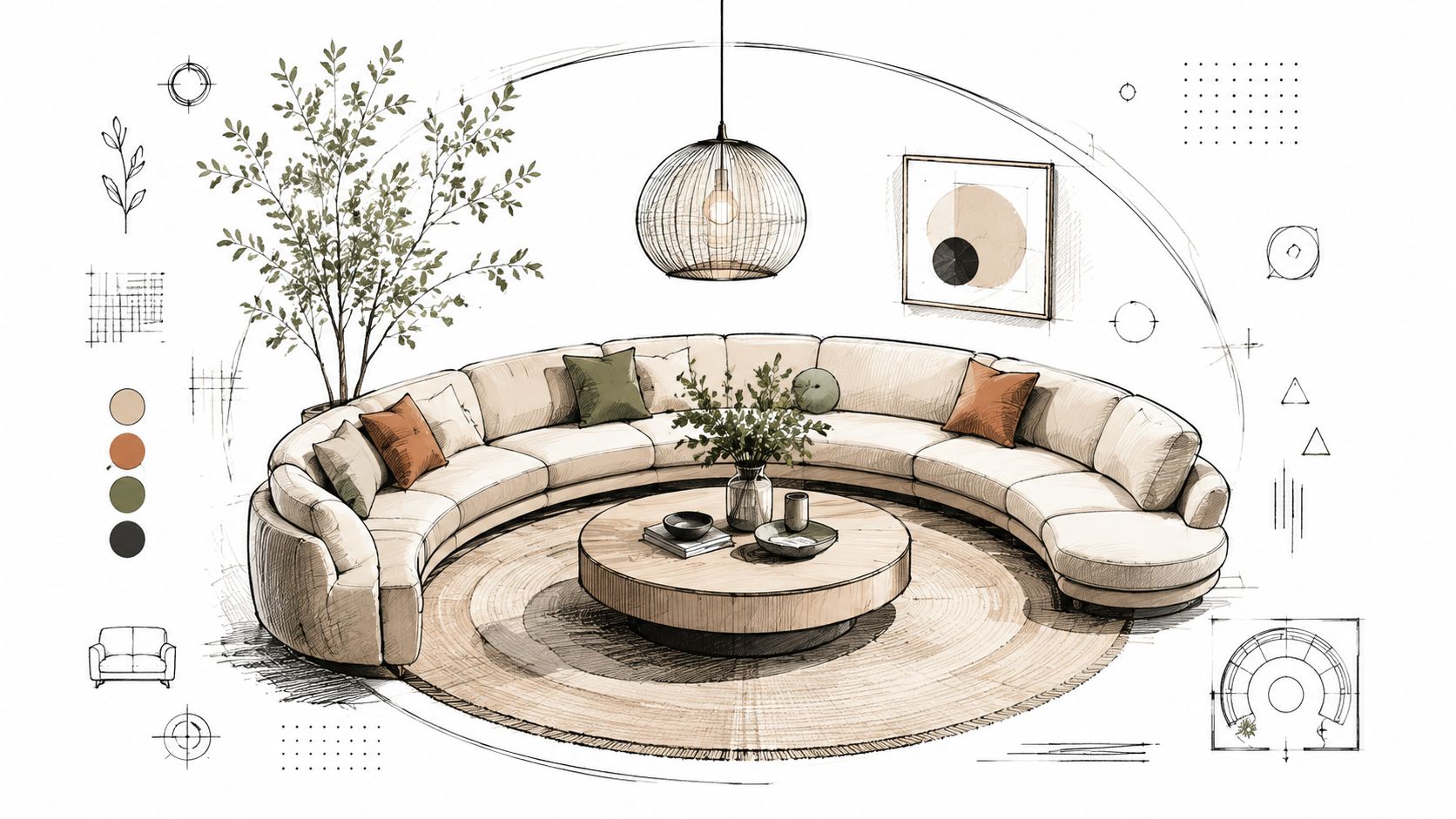 A detailed architectural sketch of a curved sectional sofa arranged in a circular living room layout.