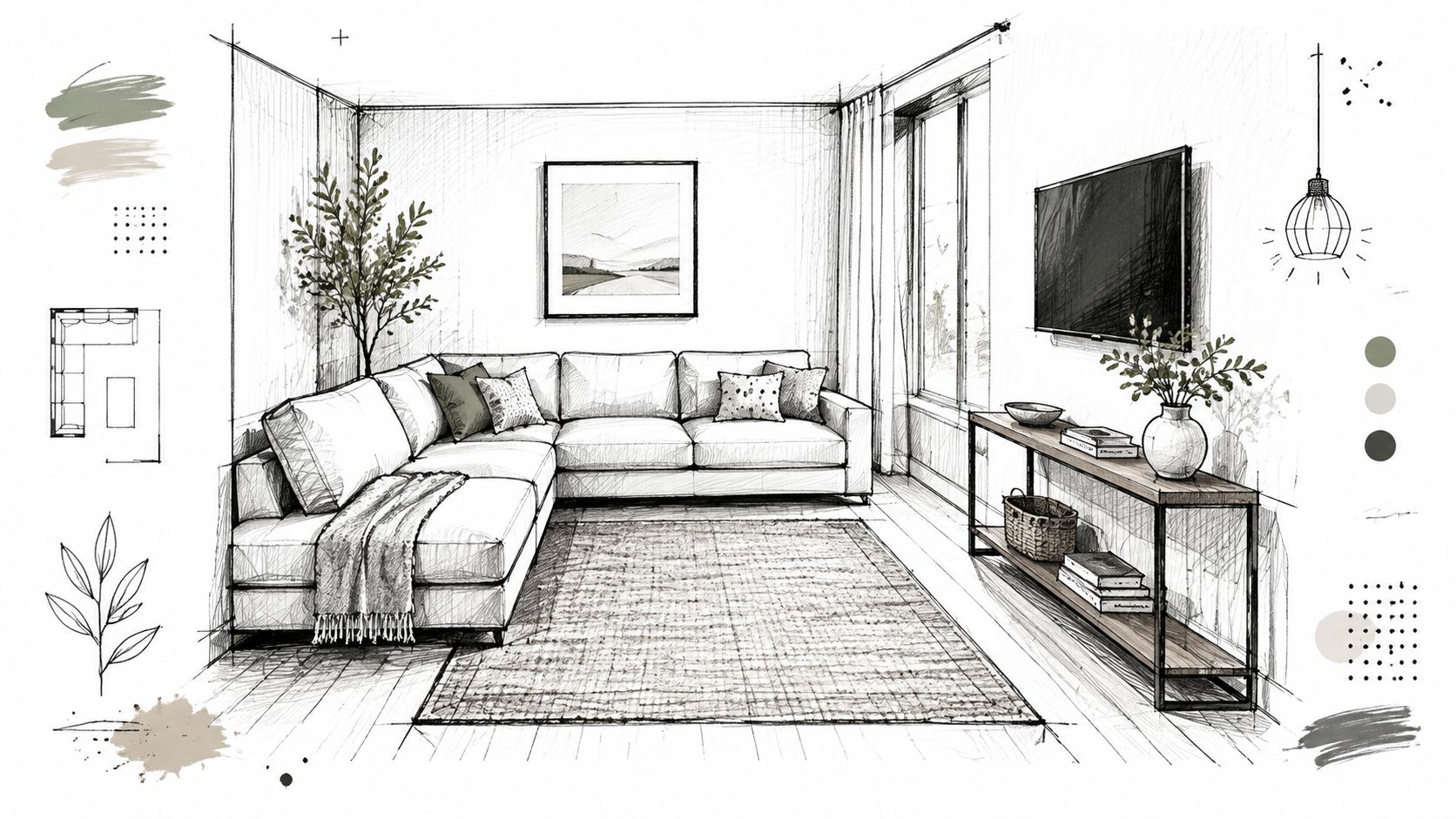 A detailed interior design sketch showing a sectional sofa layout in a modern living room setting.