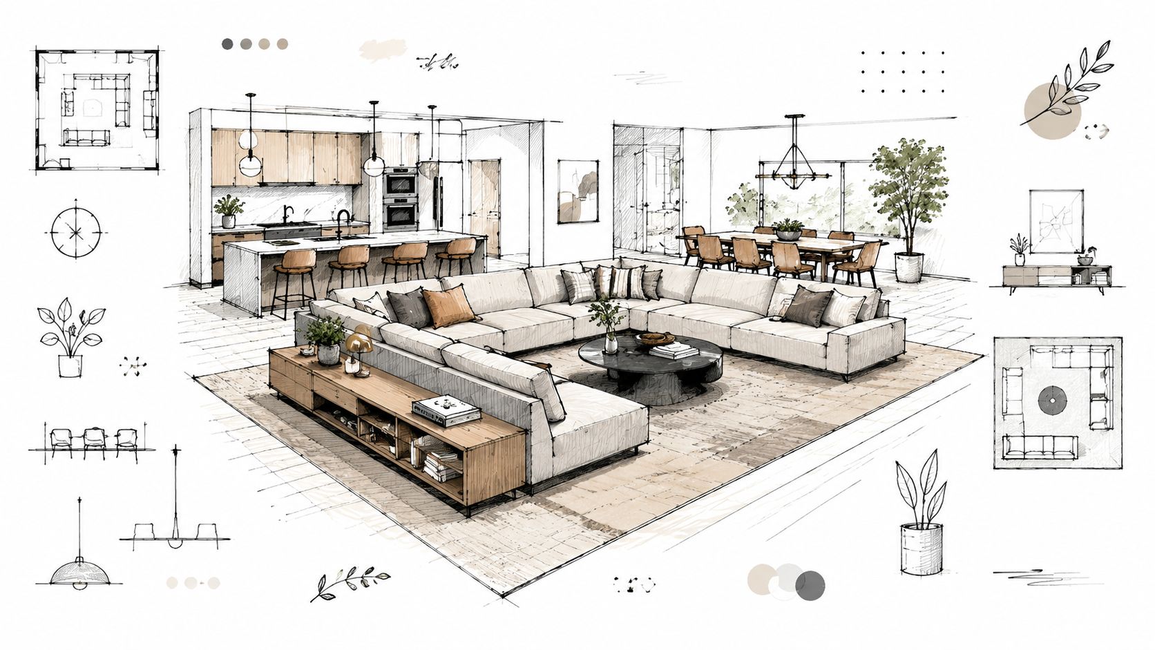 A detailed architectural sketch of an open concept living room and kitchen featuring a large sectional sofa.