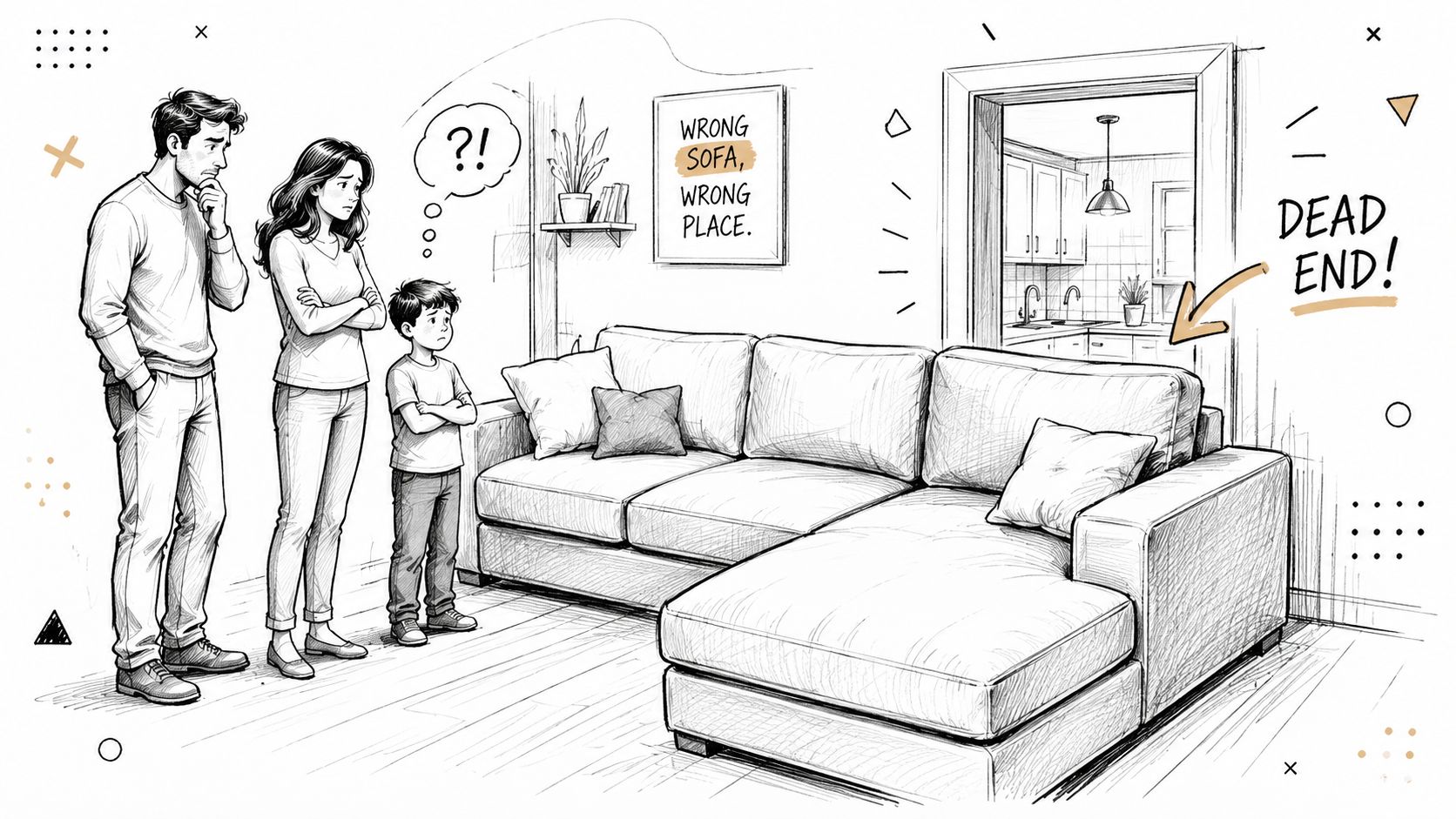 A family looking concerned at a large sectional sofa that is blocking a doorway in their home.