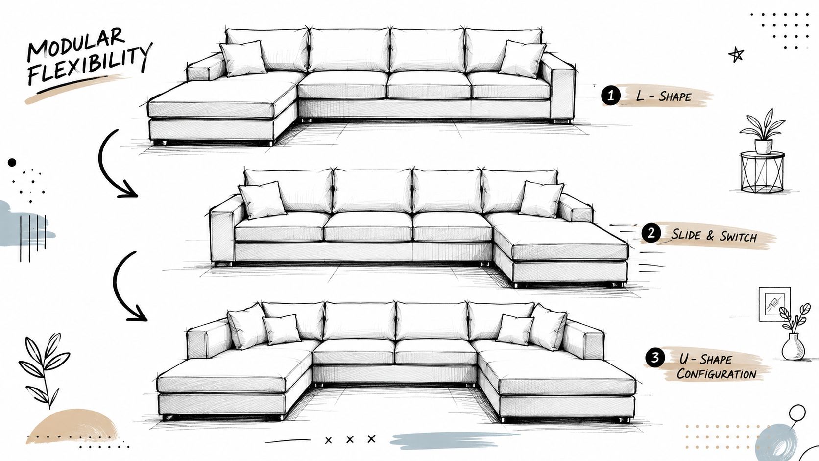 A design sketch illustrating the modular flexibility of a sectional sofa with adjustable chaise configurations.