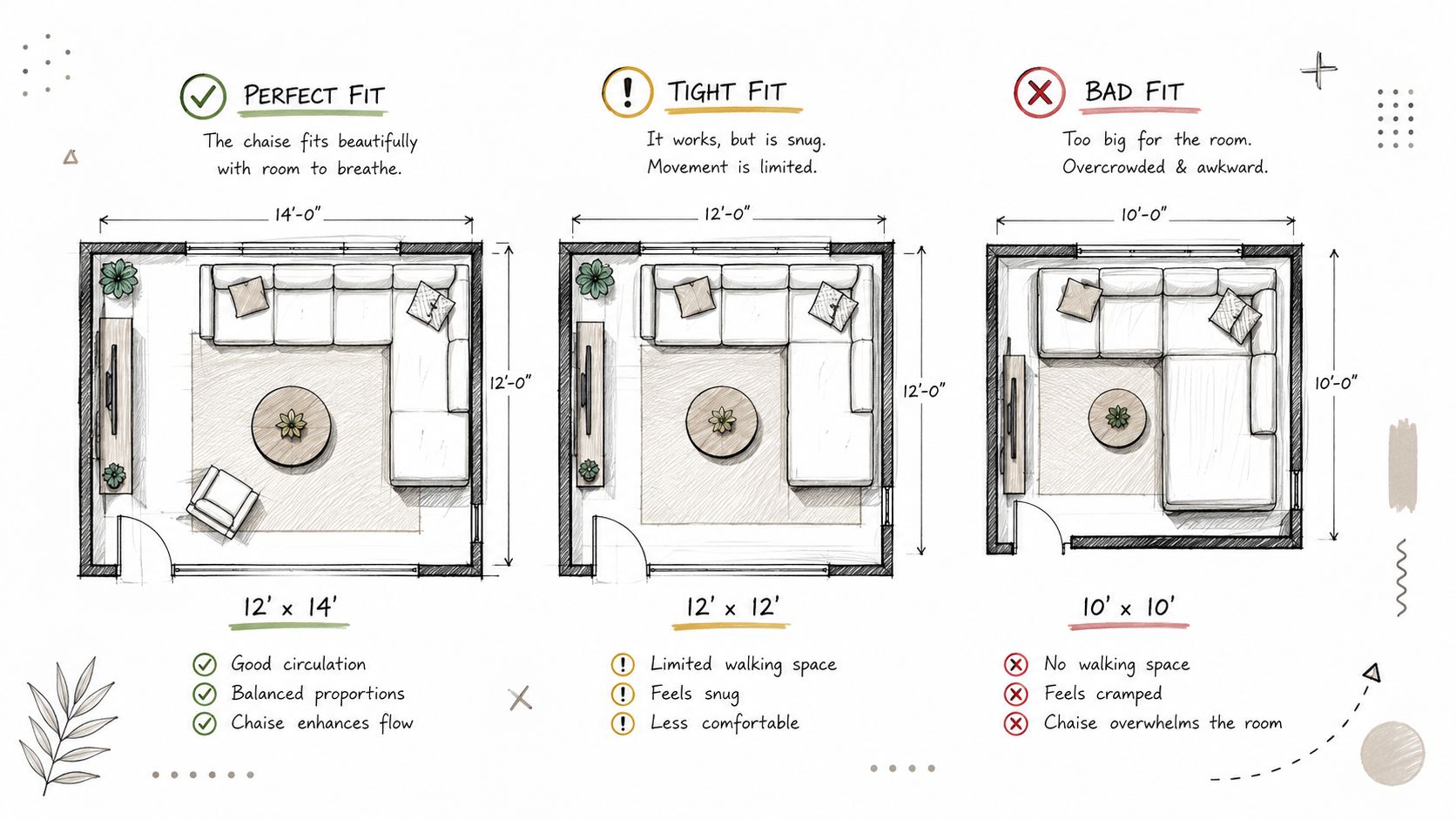 A diagram comparing three different living room sizes with a sectional sofa to show spacing advice.