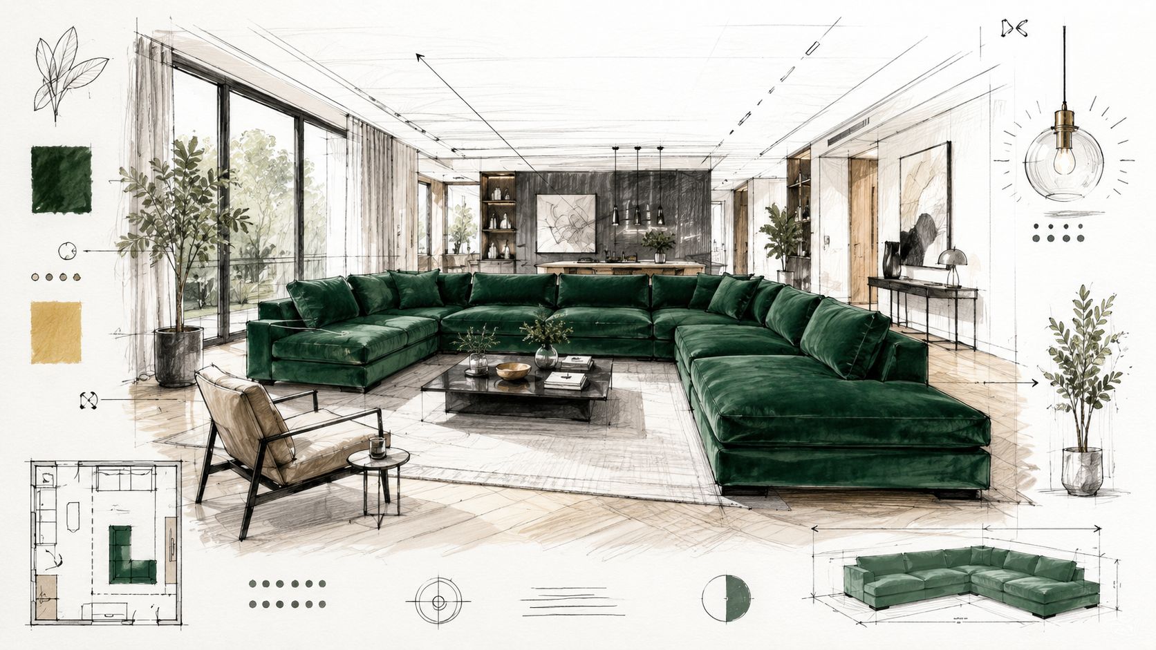 A detailed interior design architectural sketch featuring a large green velvet sectional sofa in a modern living room.