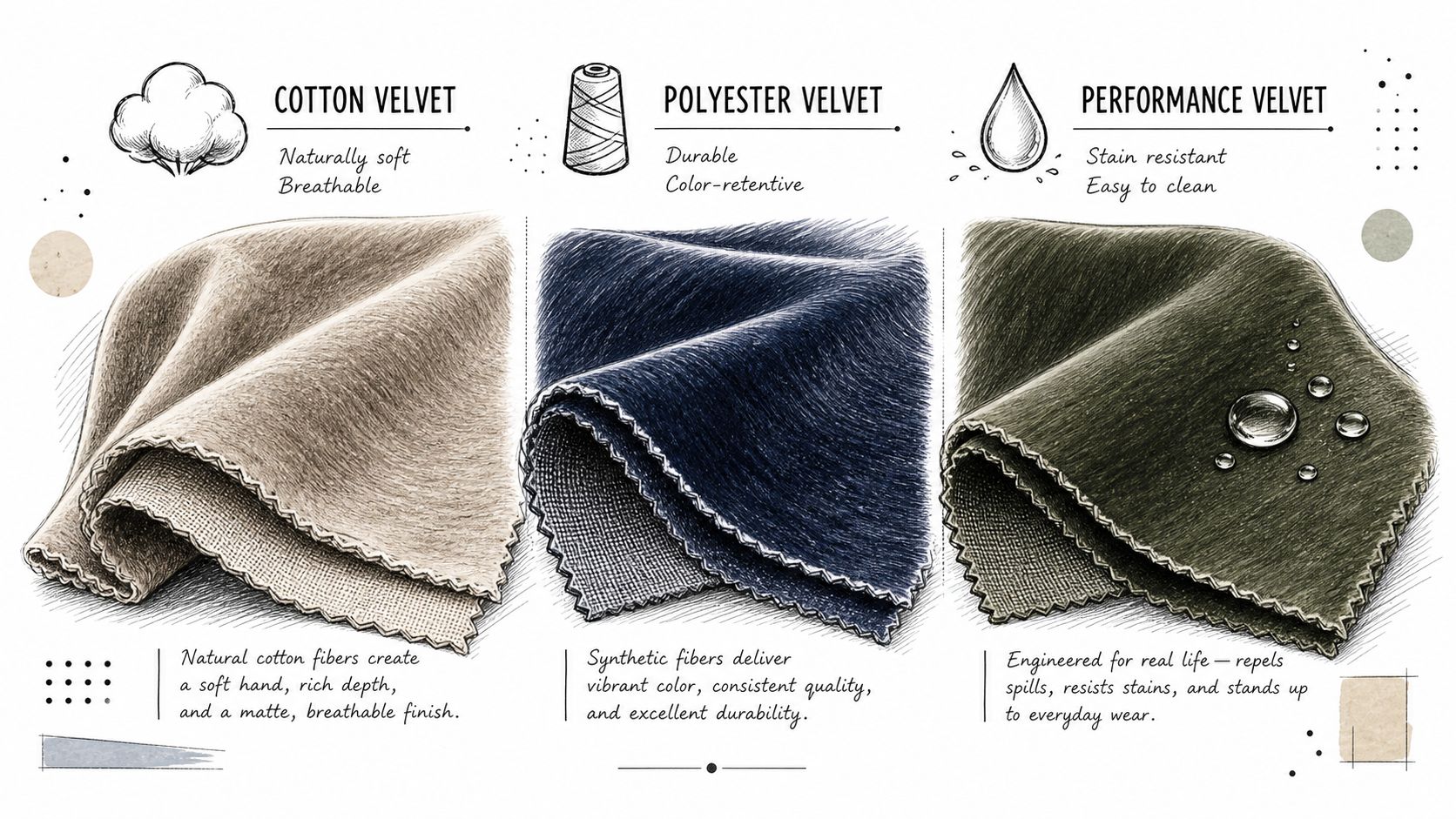 A detailed comparison chart showing cotton, polyester, and performance velvet fabric textures with their key features.