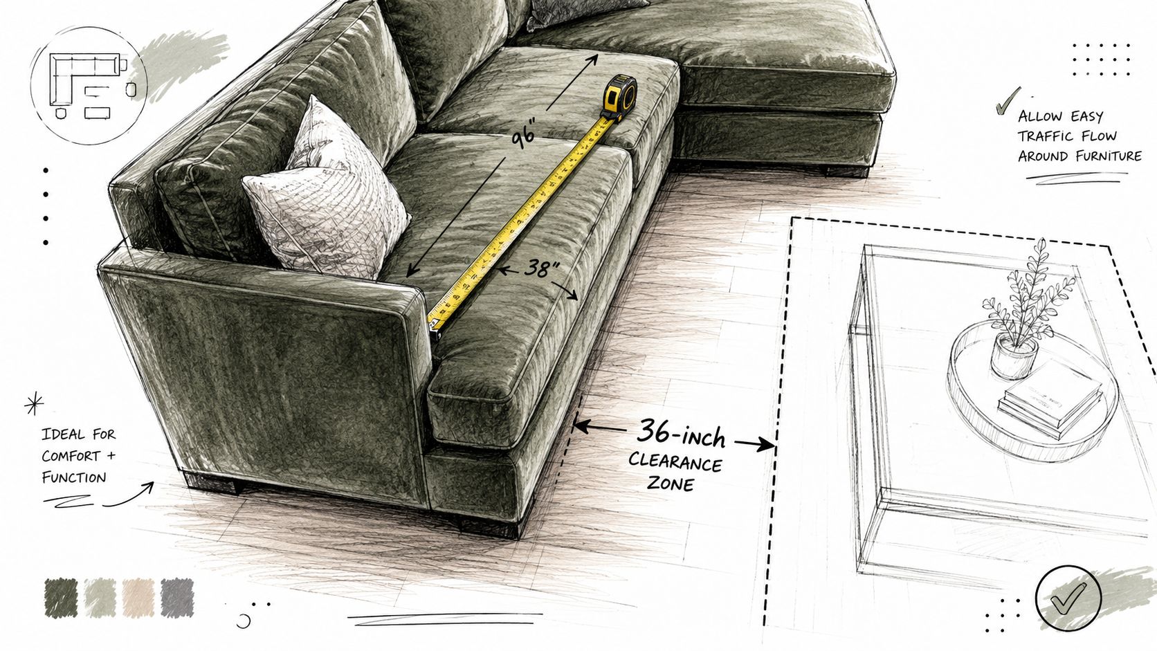 A pencil sketch of a sectional sofa with measuring tape and clearance dimensions for interior design planning.