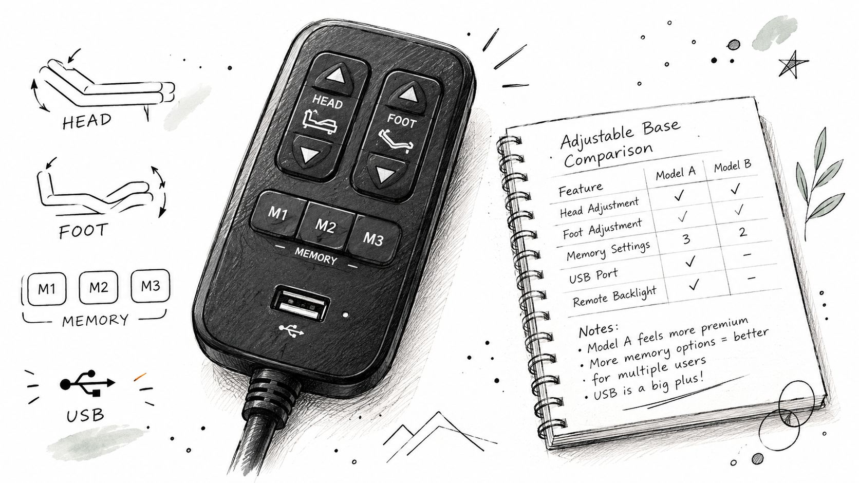 A hand-drawn illustration comparing features of Model A and Model B adjustable bed bases with a remote.