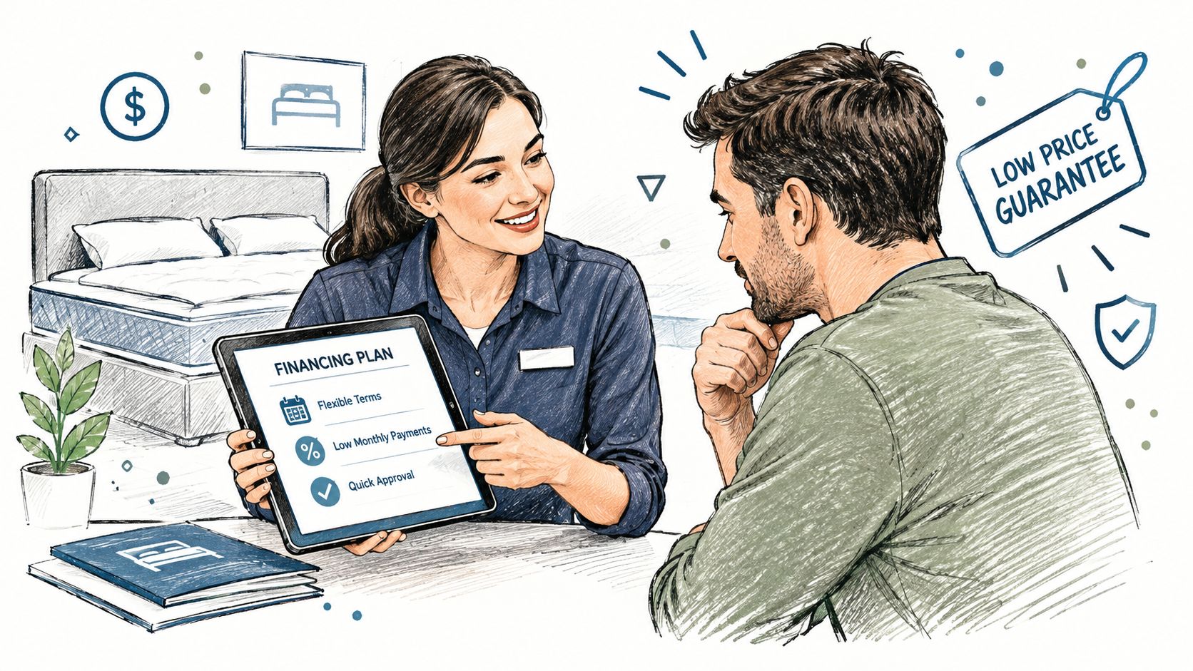 A friendly salesperson showing a mattress financing plan on a digital tablet to a customer in-store.