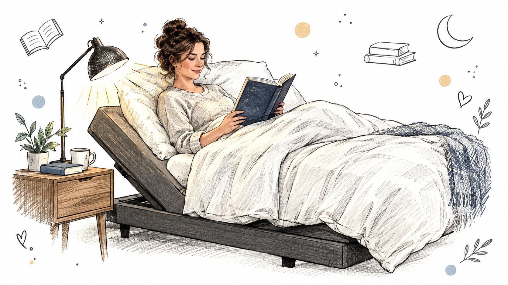 A woman reading a book comfortably while lying in an adjustable bed with a bedside lamp.