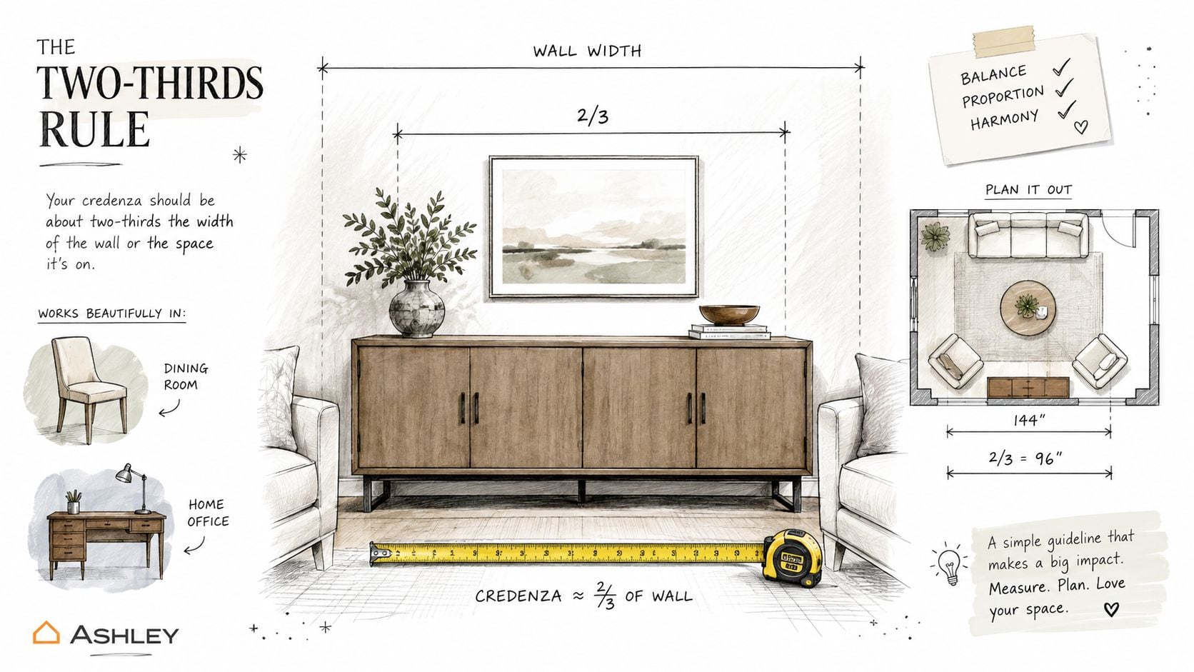 An instructional graphic by Ashley Furniture demonstrating the two-thirds rule for placing a credenza on a wall.