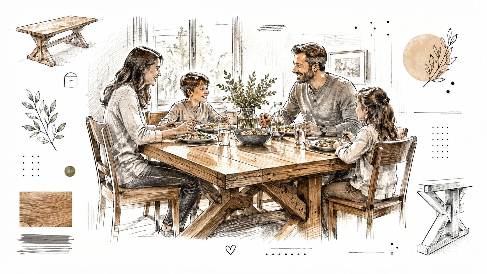 A pencil sketch style illustration of a happy family eating dinner together at a rustic wooden table.