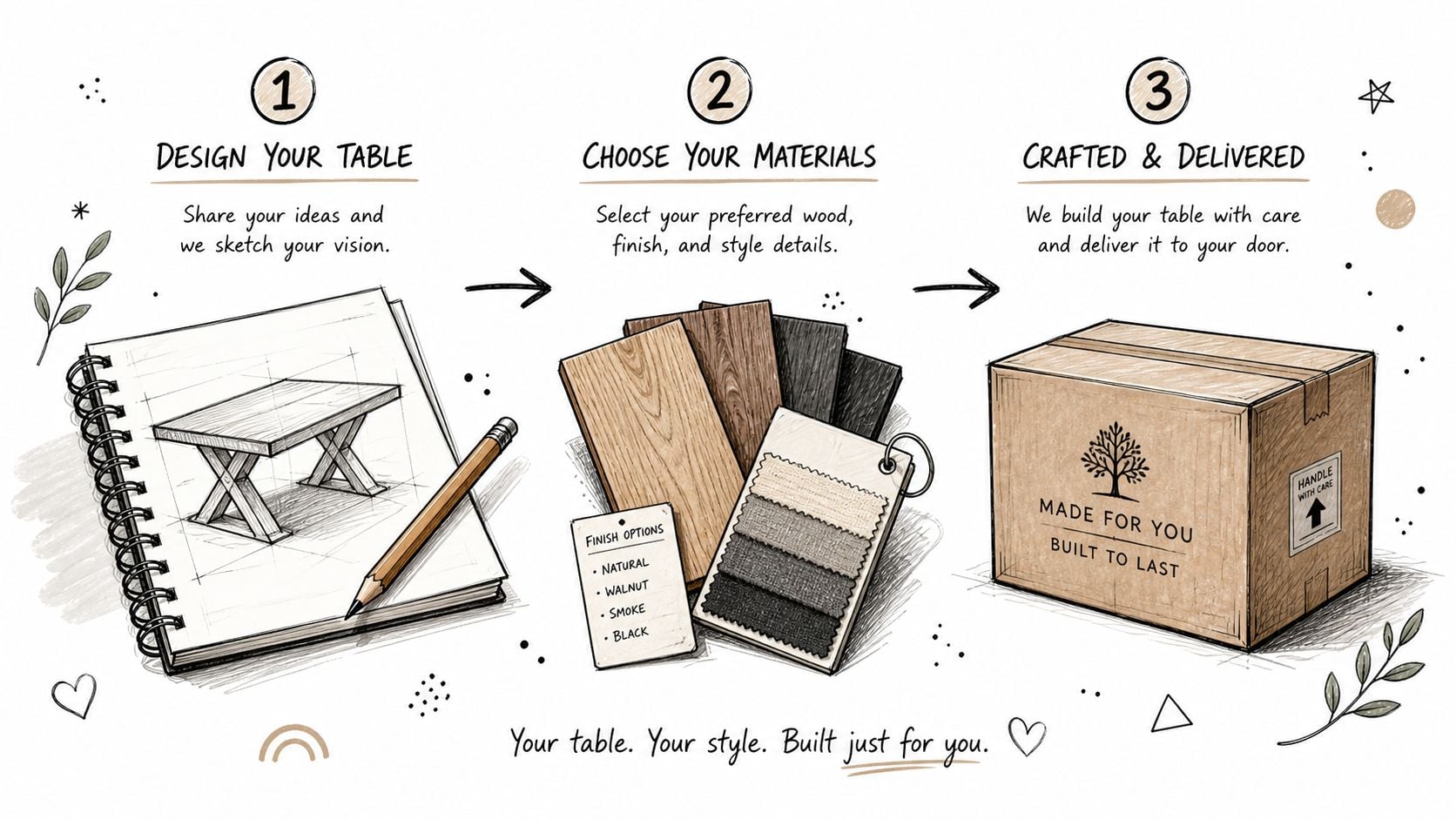 A three-step infographic showing the custom dining table design, material selection, and delivery process.