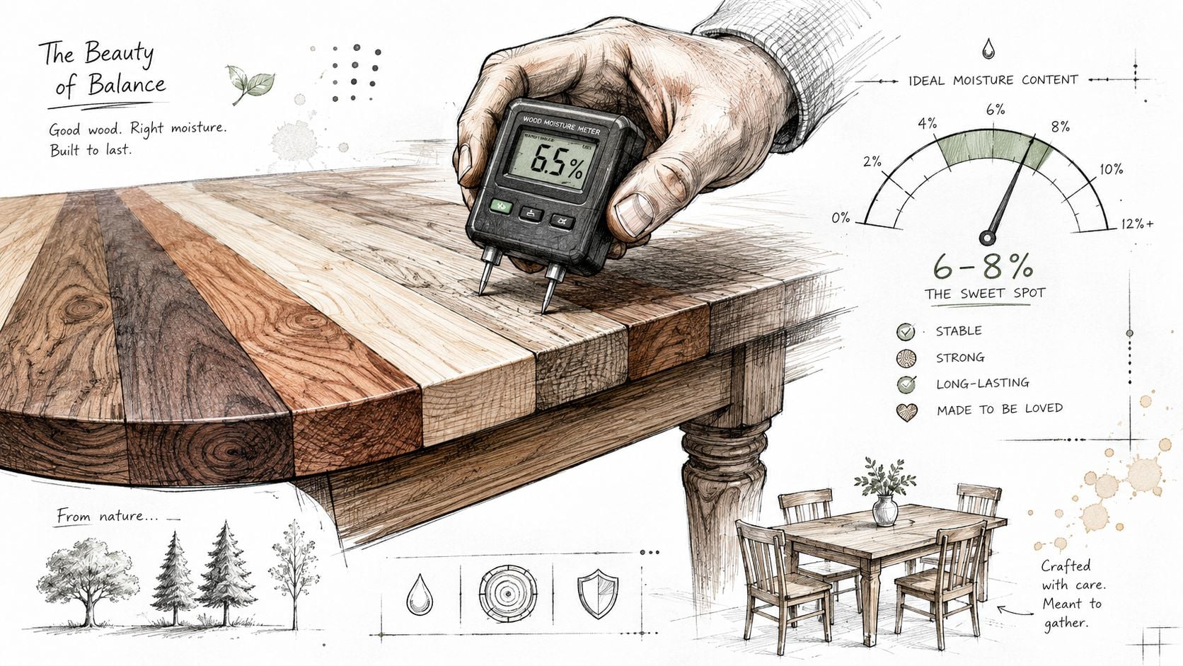 A hand using a digital moisture meter on a custom wooden dining table showing 6.5% moisture content.