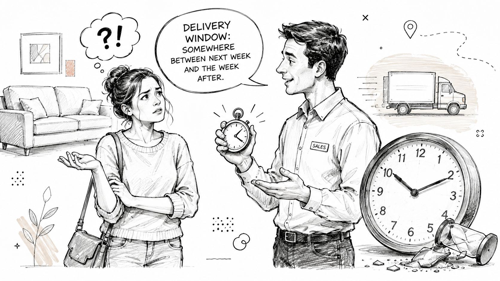 A line art drawing showing a frustrated customer questioning a salesperson about a vague delivery schedule.