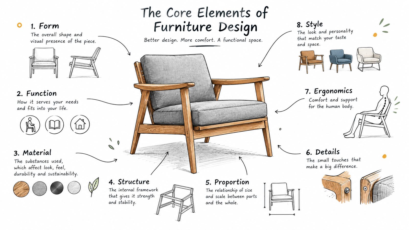 An infographic titled The Core Elements of Furniture Design, detailing eight key concepts using a wooden chair illustration.
