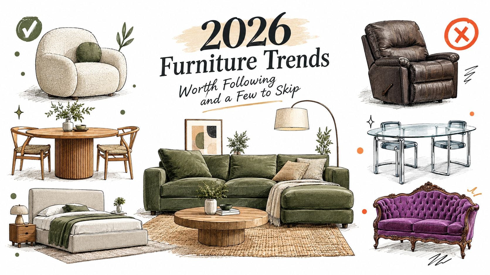 An illustration comparing modern furniture trends to follow versus outdated styles to avoid in 2026.