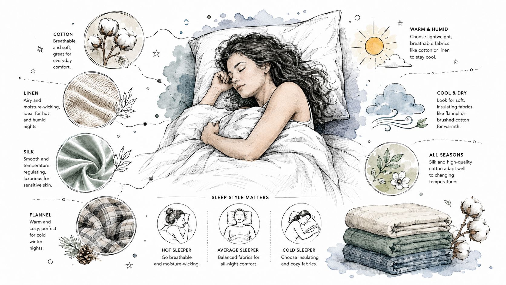 An illustrated guide for choosing bedding fabrics based on climate and sleep style preferences for comfort.