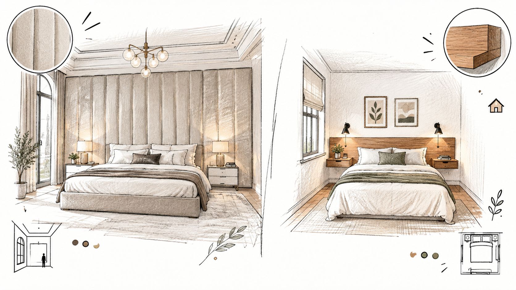 A design comparison showcasing two different modern bedroom interiors featuring distinct upholstered and wooden headboard styles.