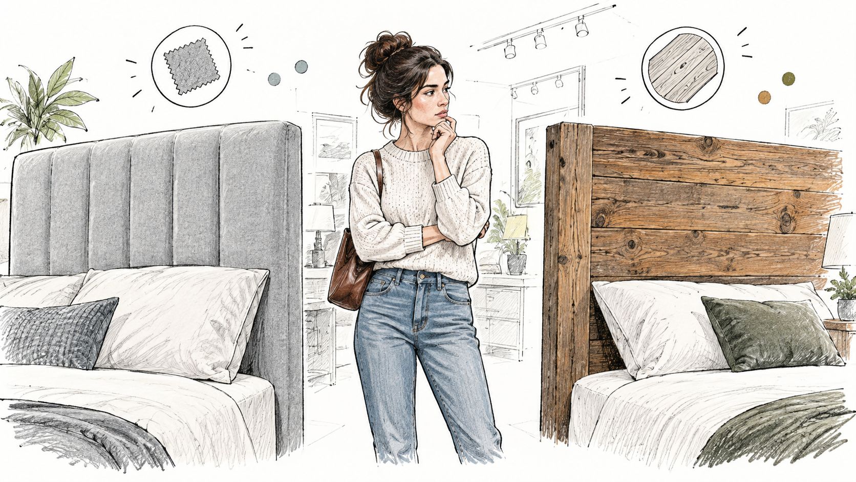 A woman contemplating between a modern upholstered fabric headboard and a rustic wooden headboard in a showroom.