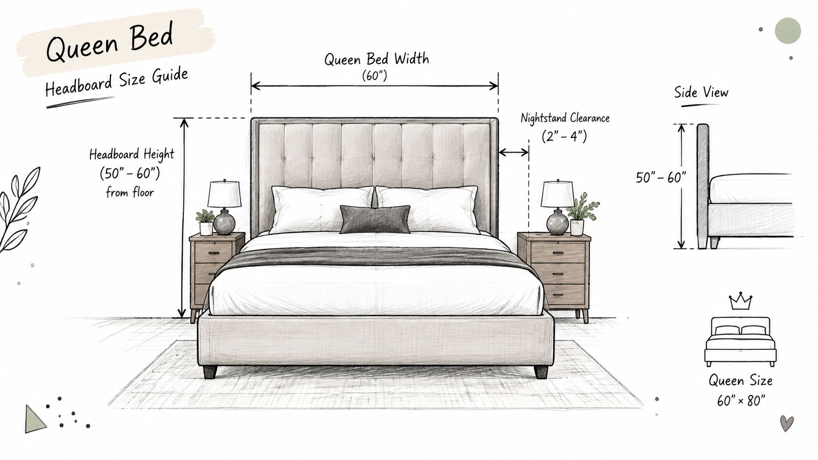 A diagram illustrating the standard dimensions for a queen bed headboard, including width, height, and clearance.