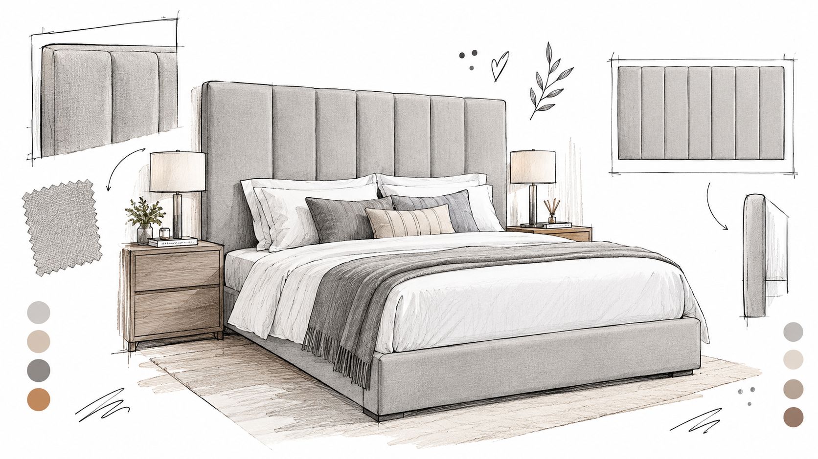 A detailed architectural sketch of a modern upholstered bed with a tall vertical channel-tufted headboard.