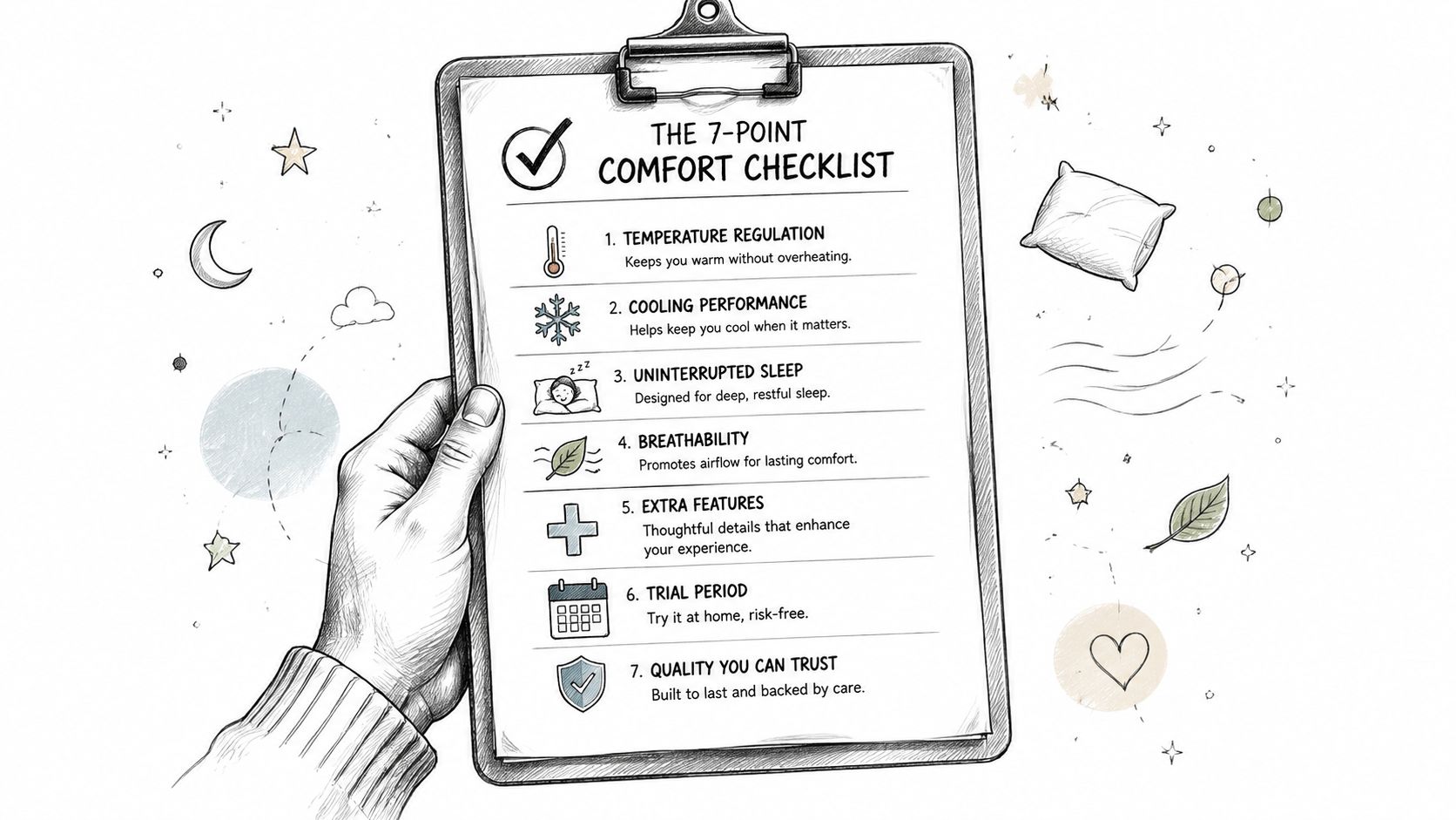 A hand holds a clipboard featuring a seven-point comfort checklist for selecting a quality mattress product.