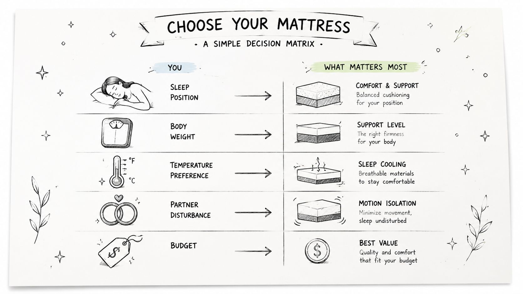 An infographic titled Choose Your Mattress featuring a decision matrix for selecting a mattress based on personal preferences.