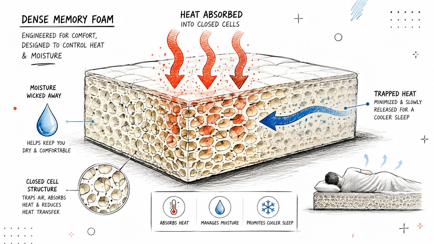 A diagram illustrating how dense memory foam technology absorbs heat and wicks moisture for a cooler sleep experience.