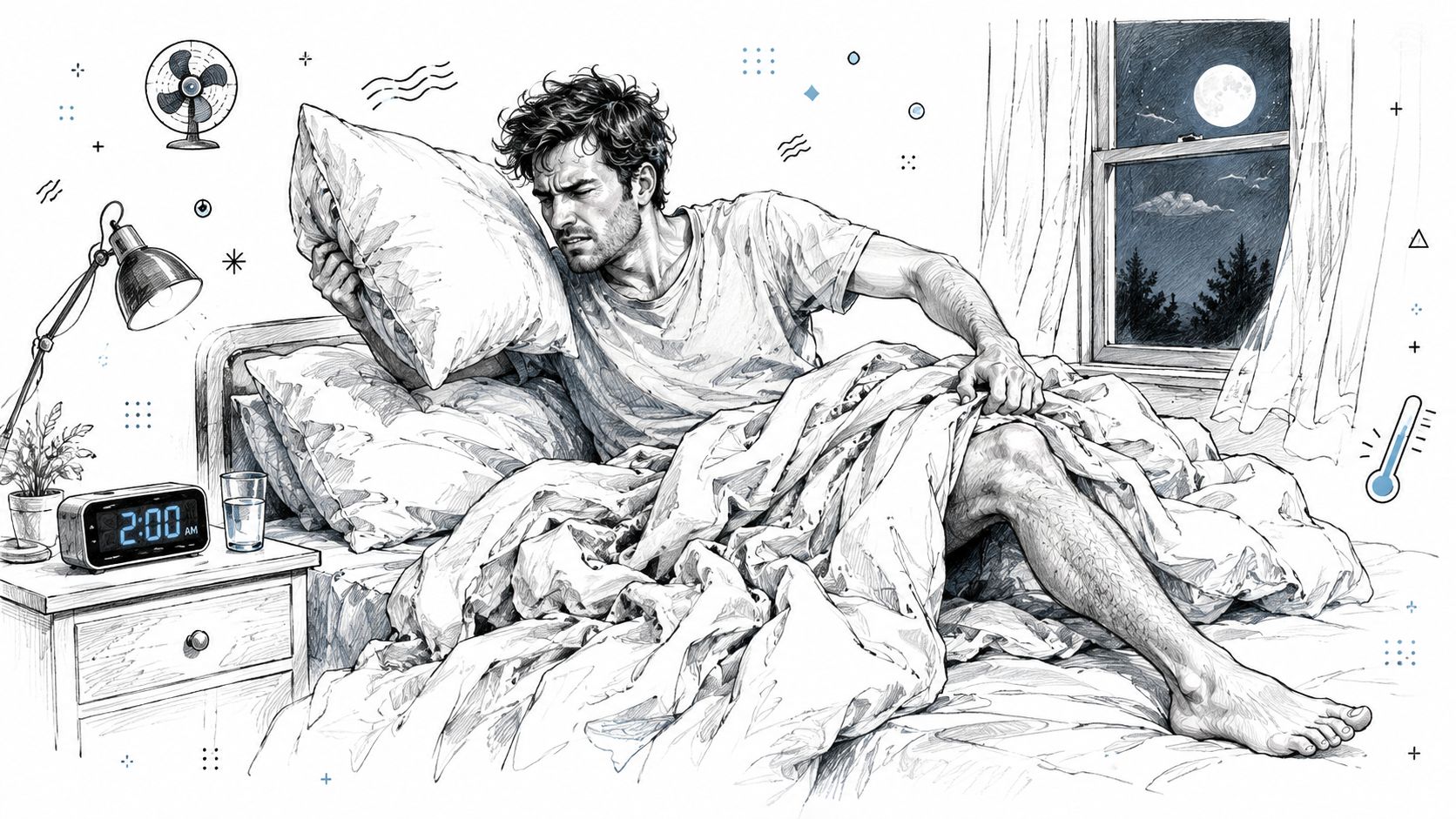 A distressed man awake in bed at night, struggling with heat while trying to sleep, illustrated sketch style.