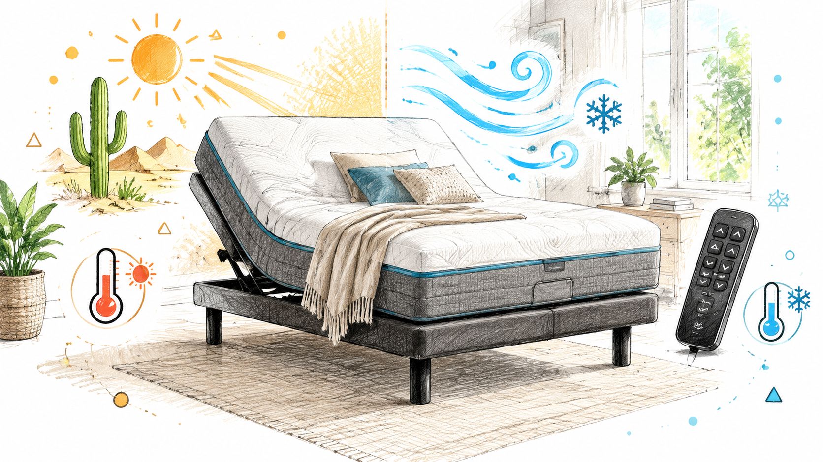 A split-view illustration showing an adjustable memory foam mattress representing both temperature extremes, from desert heat to cooling comfort.
