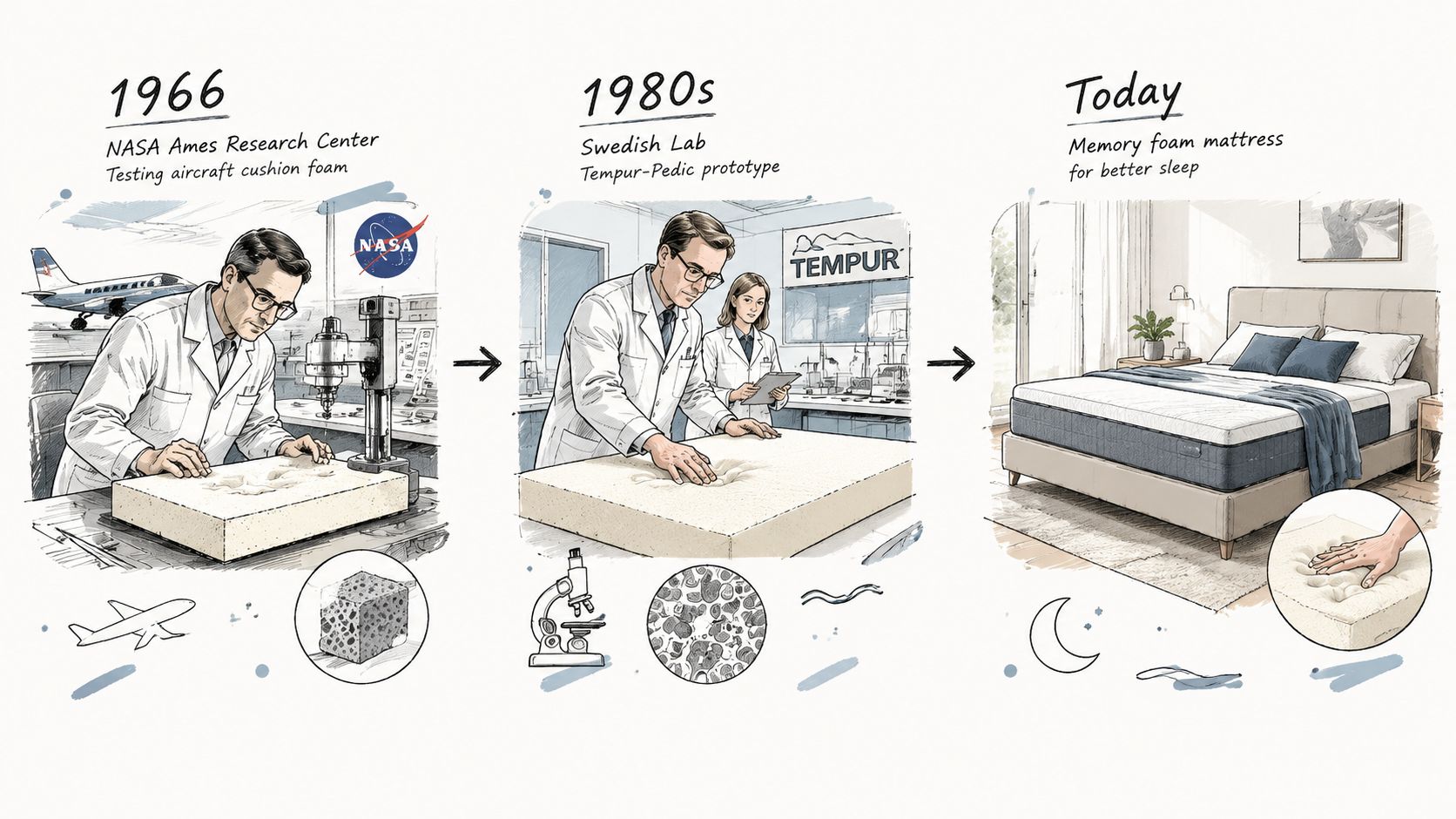 An infographic showing the evolution of memory foam technology from NASA aircraft cushions to modern mattresses.