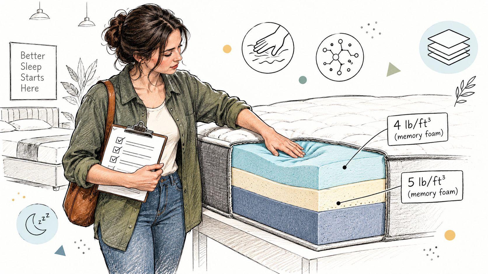 A woman inspecting a layered memory foam mattress in a store to compare foam density for comfort.