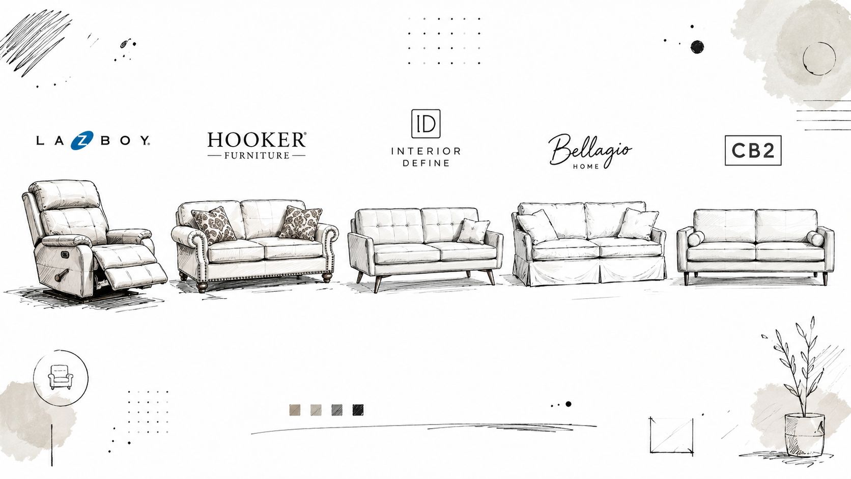 A line-up of various sofa styles representing different furniture brands sketched in a minimalist artistic style.
