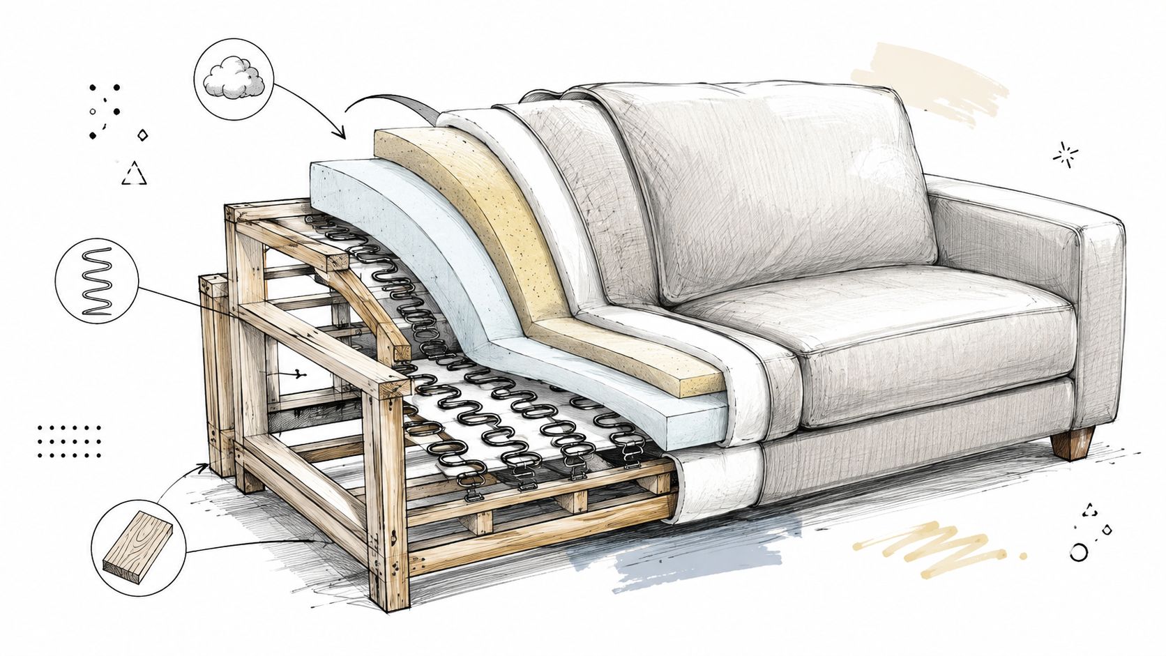 A detailed technical drawing showing the inner construction layers, wooden frame, and spring system of a sofa.