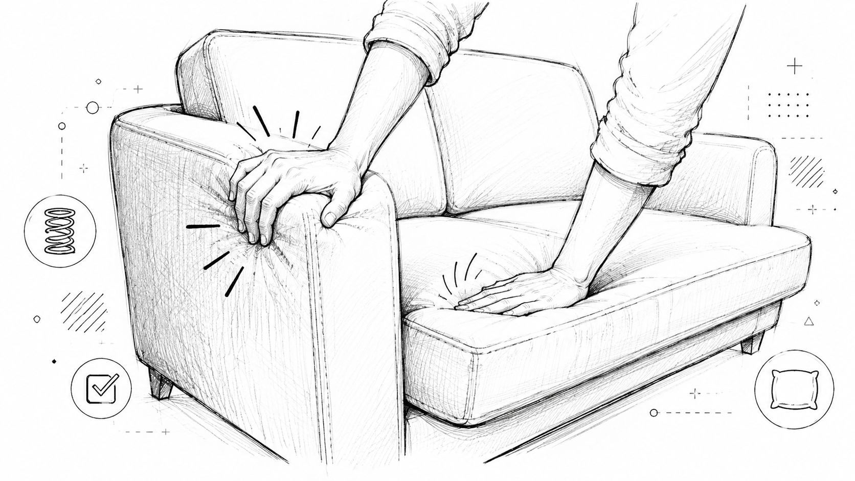 A hand testing the firmness of a cushioned sofa armrest in a detailed black and white sketch.
