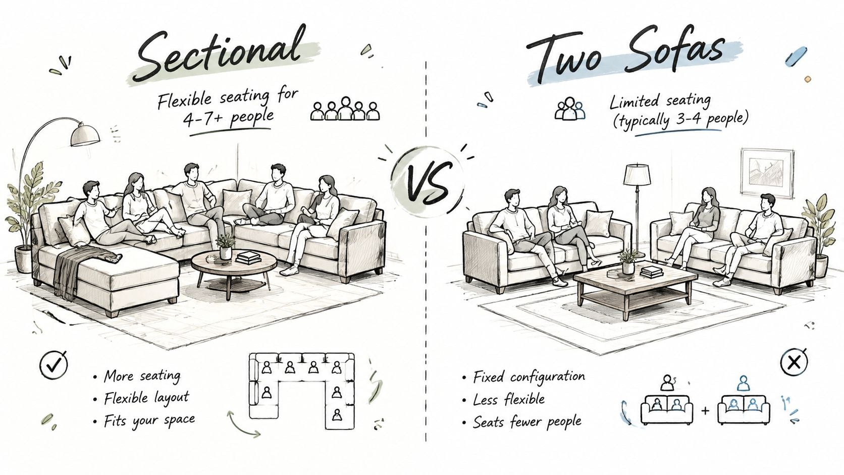An infographic comparing the pros and cons of a sectional sofa versus using two separate sofas for living rooms.