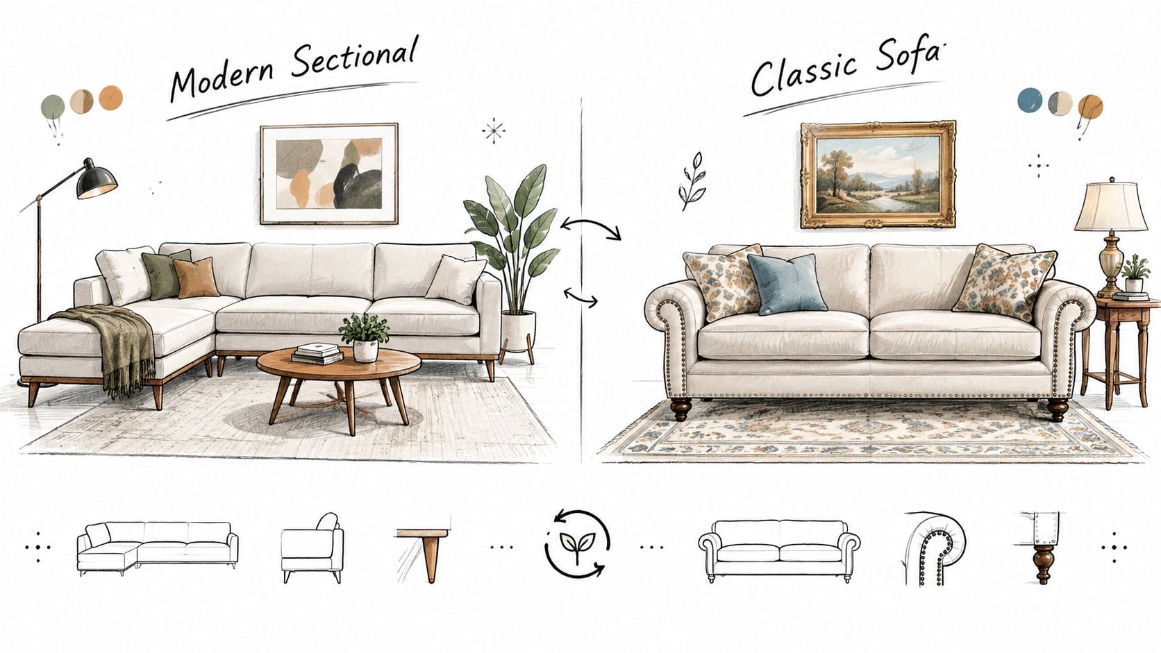 A hand-drawn illustration comparing a modern sectional sofa with a classic tufted sofa in a room.